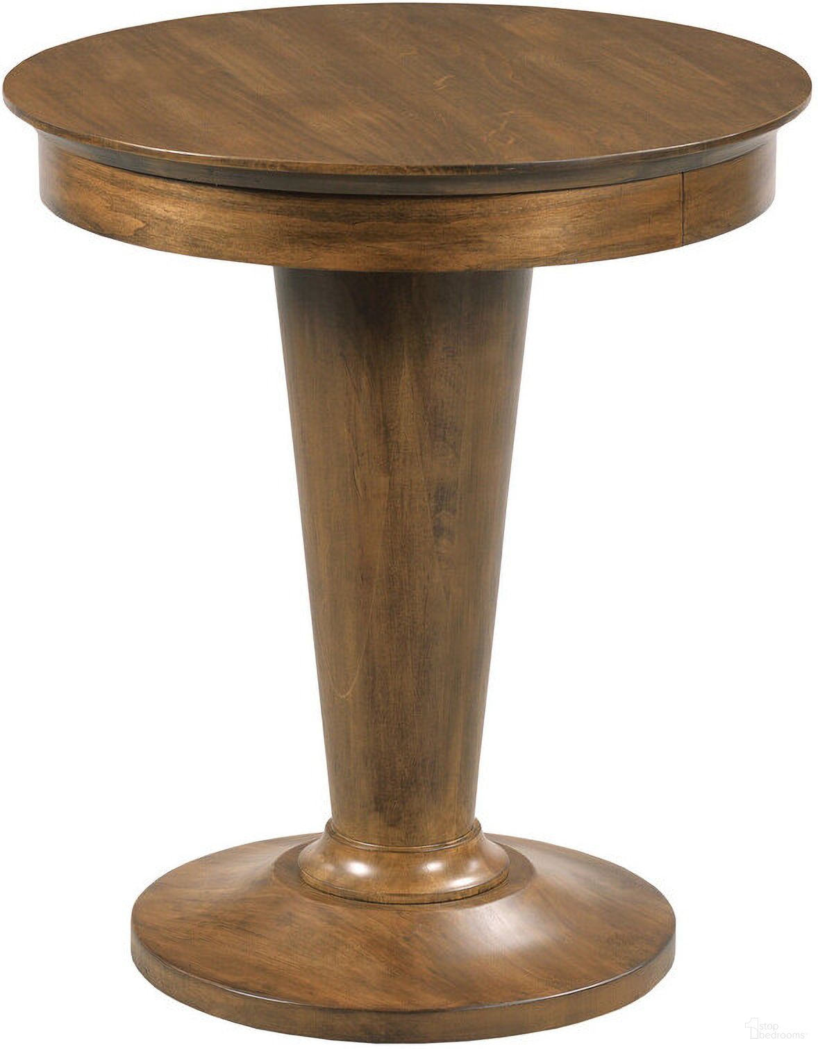 The appearance of Lyon Round End Table In Warm Brunette designed by Kincaid in the transitional interior design. This warm brunette piece of furniture was selected by 1StopBedrooms from Abode Collection to add a touch of cosiness and style into your home. Sku: 269-918. Material: Solid Wood.