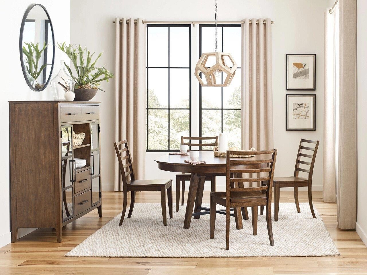 The appearance of Abode Round Dining Room Set In Warm Brunette designed by Kincaid in the modern / contemporary interior design. This warm brunette piece of furniture was selected by 1StopBedrooms from Abode Collection to add a touch of cosiness and style into your home. Sku: 269-701;269-B01;269-638. Table Base Style: Trestle. Table Top Shape: Round. Size: 50". Material: Solid Wood.