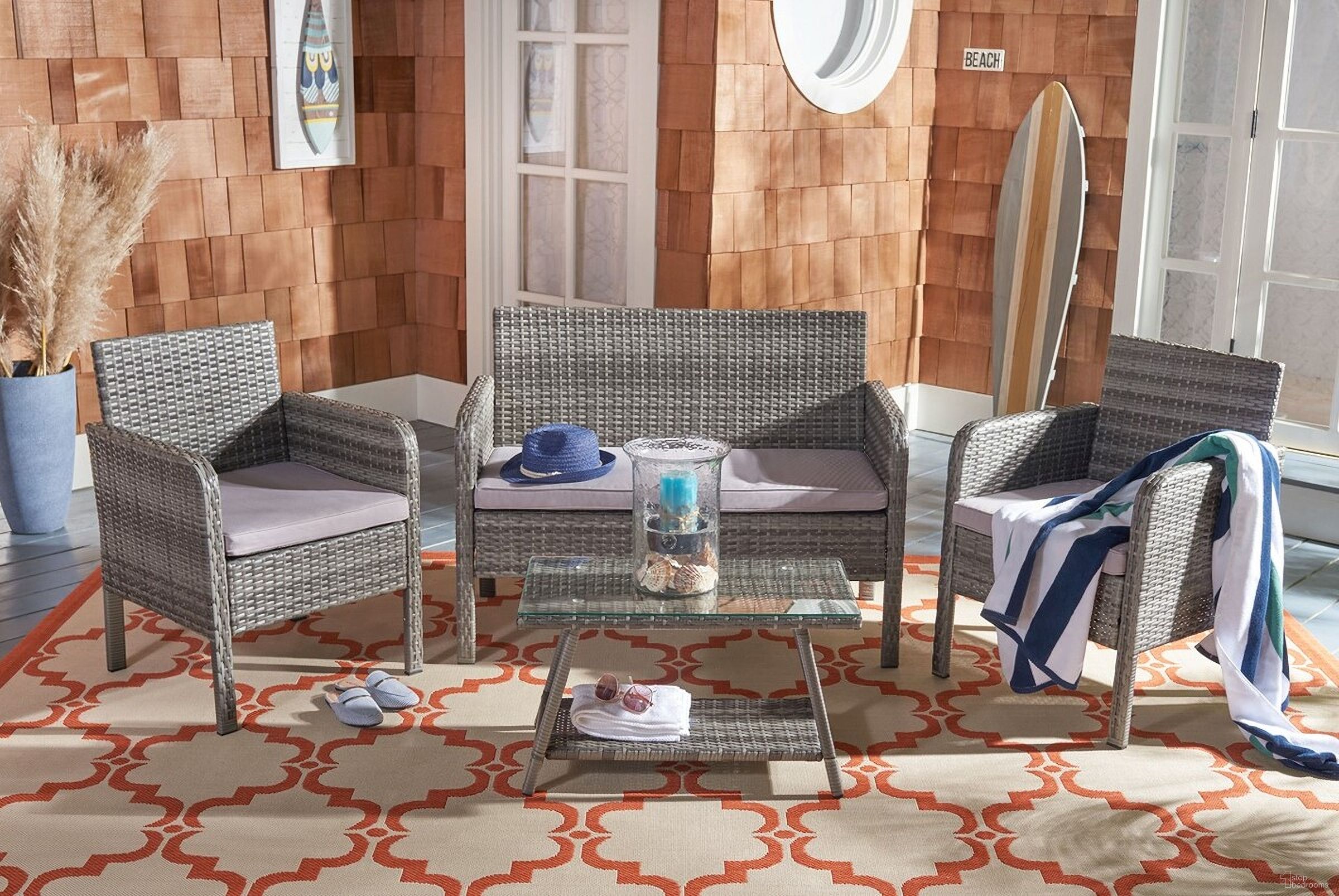 The appearance of Aboka 4 Piece Living Set in Grey designed by Safavieh in the transitional interior design. This grey and grey piece of furniture was selected by 1StopBedrooms from Aboka Collection to add a touch of cosiness and style into your home. Sku: PAT7505B. Material: Steel.