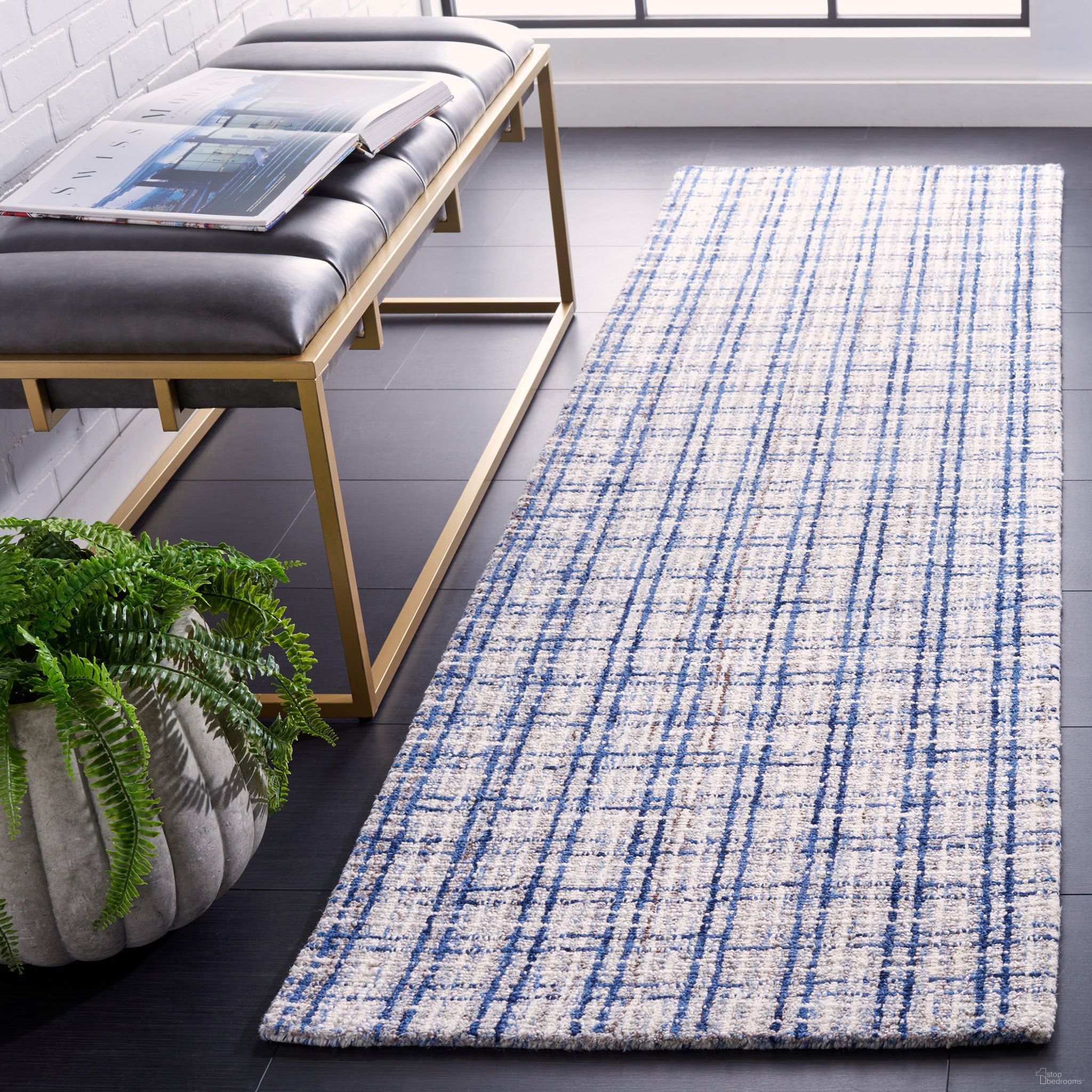 The appearance of Abstract Hand Tufted Blue and Ivory 2'-3" x 8' Runner Rugs ABT485M-28 designed by Safavieh in the modern / contemporary interior design. This blue and ivory piece of furniture  was selected by 1StopBedrooms from Abstract Collection to add a touch of cosiness and style into your home. Sku: ABT485M-28. Material: Wool.