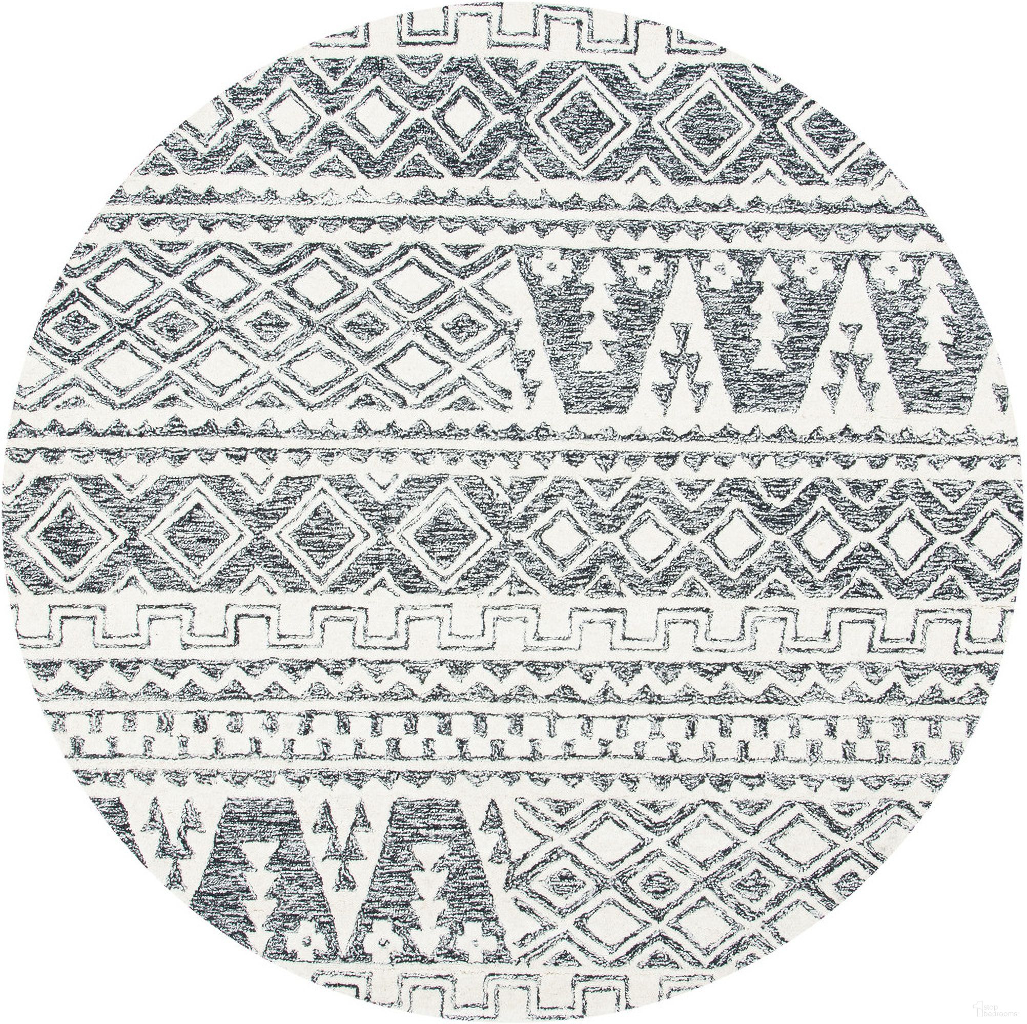 The appearance of Abstract Hand Tufted Ivory and Black 6' x 6' Round Rugs ABT557A-6R designed by Safavieh in the modern / contemporary interior design. This ivory and black piece of furniture  was selected by 1StopBedrooms from Abstract Collection to add a touch of cosiness and style into your home. Sku: ABT557A-6R. Material: Wool.