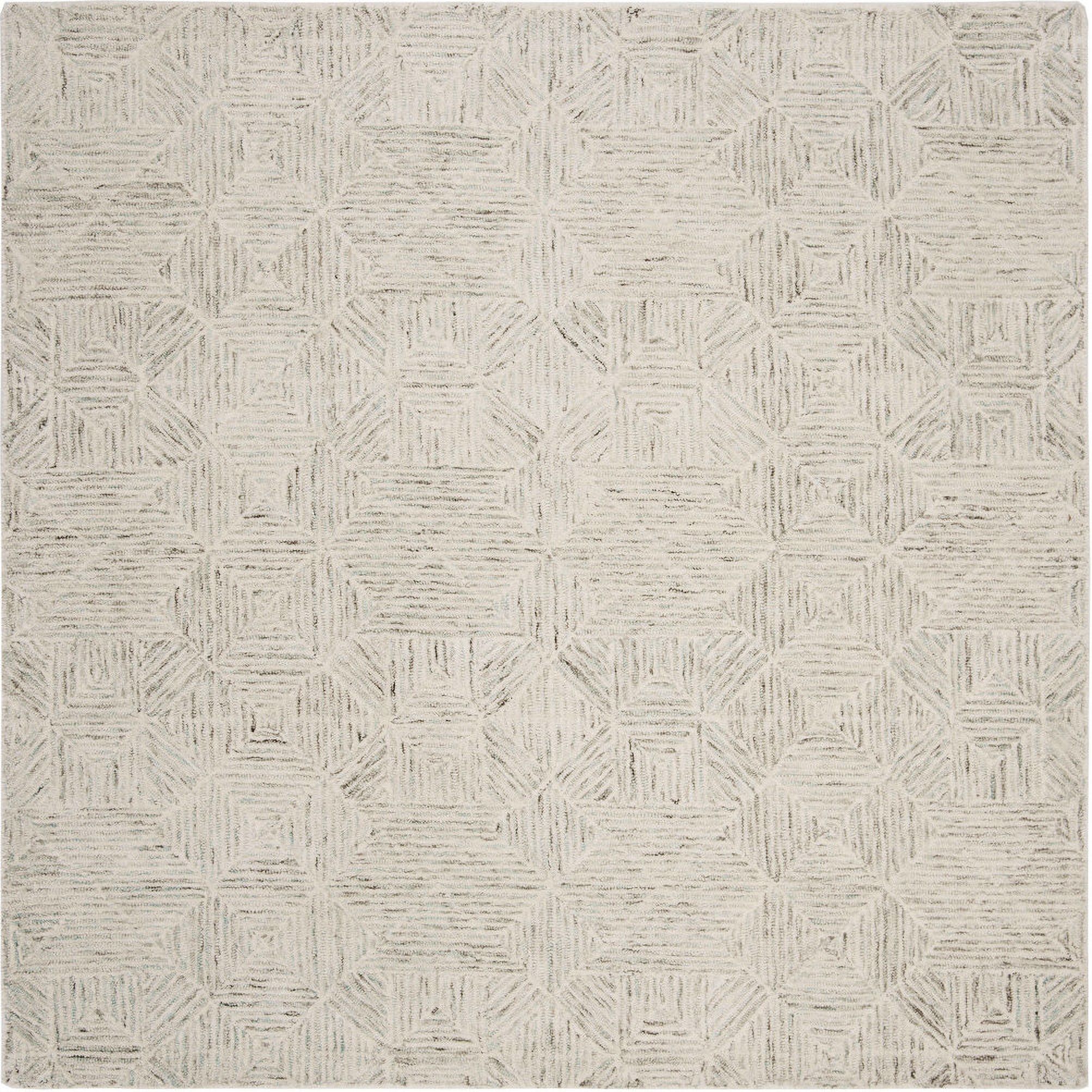 Abstract Hand Tufted Ivory and Light Blue 8' x 8' Square Rugs