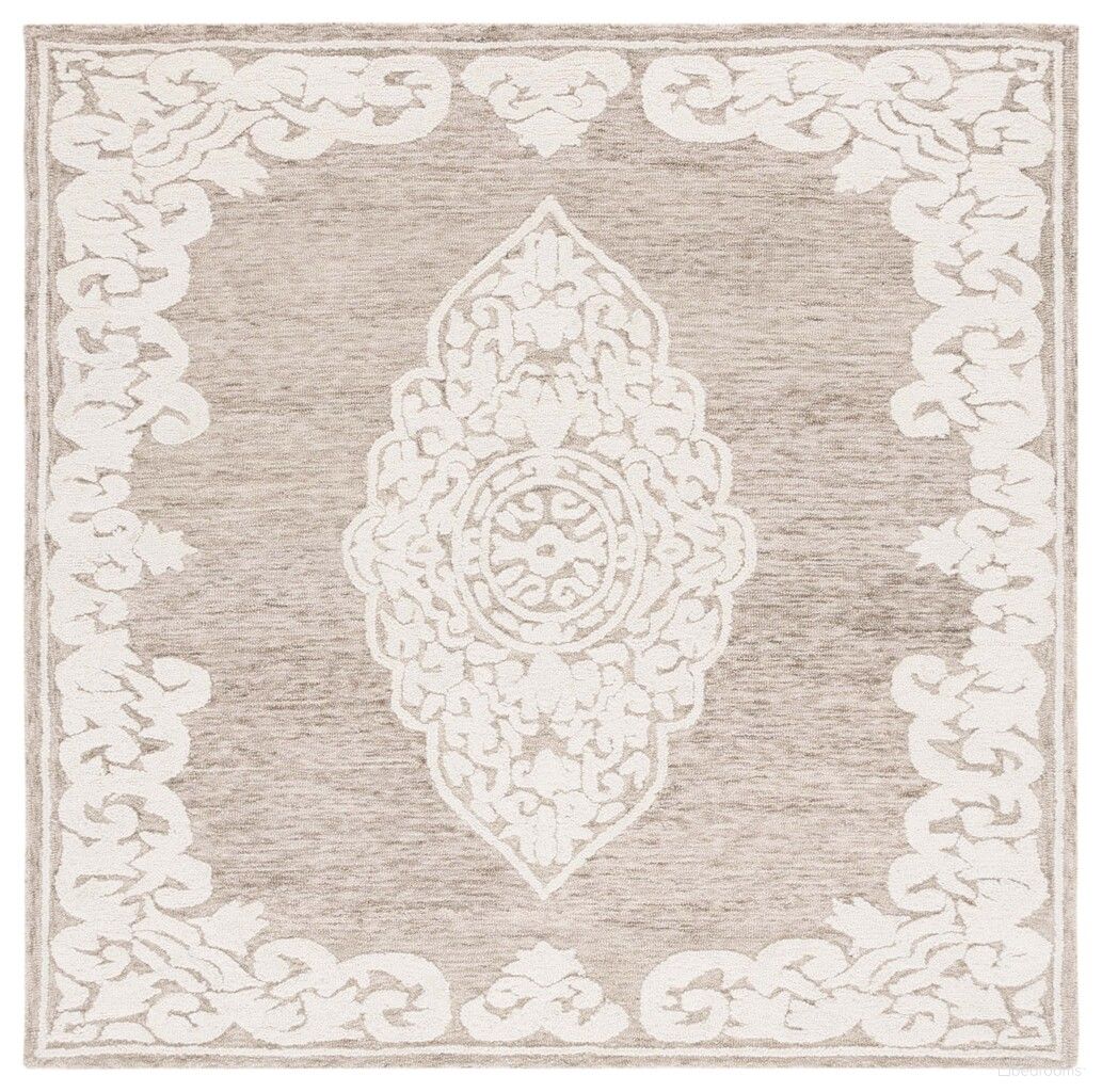 Abstract Oriental 6' x 6' Square Area Rug In Beige and Ivory