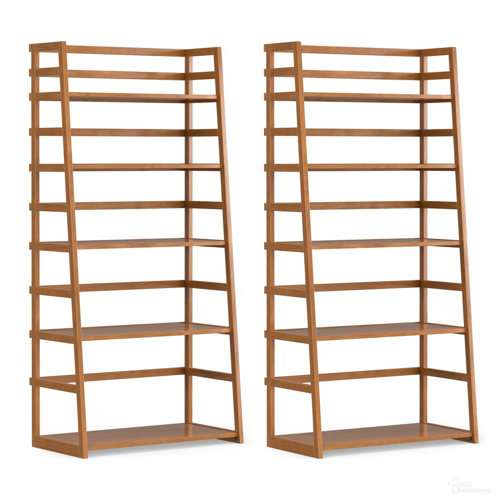 The appearance of Acadian 5 Shelf Ladder Bookcase Set of 2 In Light Golden Brown designed by Simpli Home in the transitional interior design. This light golden brown piece of furniture was selected by 1StopBedrooms from Acadian Collection to add a touch of cosiness and style into your home. Sku: ACS230B001LGB. Material: Pine.