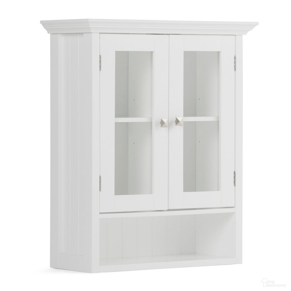 The appearance of Acadian Double Door Wall Cabinet In Pure White designed by Simpli Home in the transitional interior design. This pure white piece of furniture  was selected by 1StopBedrooms from Acadian Collection to add a touch of cosiness and style into your home. Sku: AXCBSACA04-WH. Material: MDF.