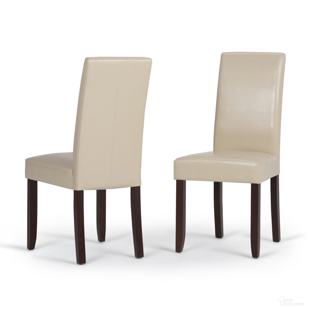 The appearance of Acadian Parson Dining Chair Set of 2 In Satin Cream designed by Simpli Home in the transitional interior design. This satin cream piece of furniture  was selected by 1StopBedrooms from Acadian Collection to add a touch of cosiness and style into your home. Sku: WS5113-4-CR. Material: Faux Leather. Chair Type: Side Chair.