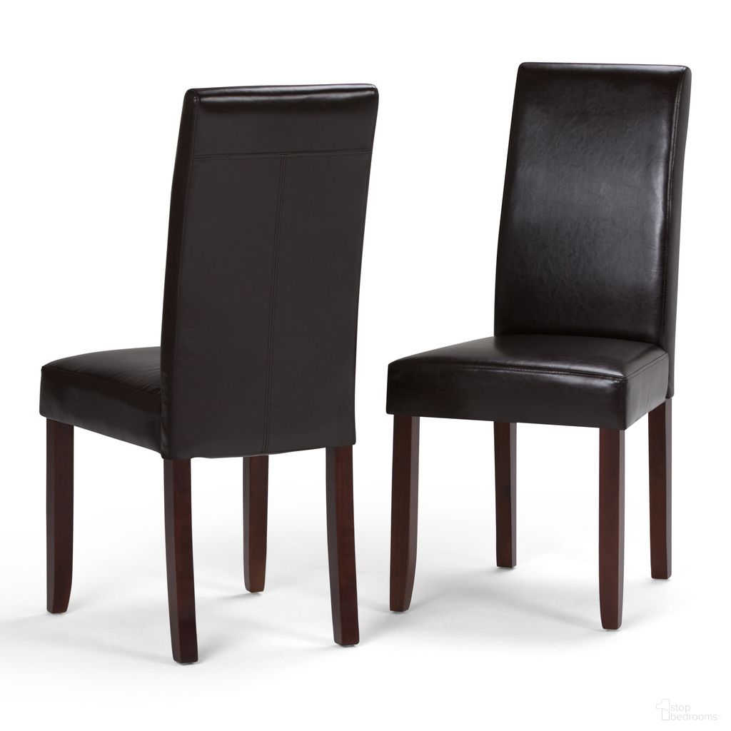 The appearance of Acadian Parson Dining Chair Set of 2 In Tanners Brown designed by Simpli Home in the transitional interior design. This tanners brown piece of furniture  was selected by 1StopBedrooms from Acadian Collection to add a touch of cosiness and style into your home. Sku: WS5113-4. Material: Faux Leather. Chair Type: Side Chair.