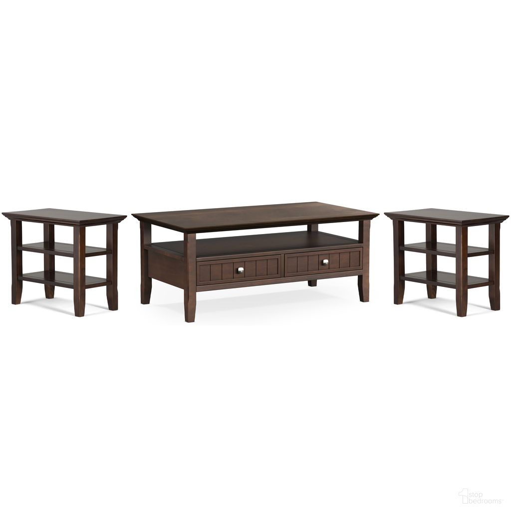 The appearance of Acadian Solid Wood 48 Inch Coffee Table with 14 Inch End Tables Set of 3 In Brunette Brown designed by Simpli Home in the transitional interior design. This brunette brown piece of furniture was selected by 1StopBedrooms from Acadian Collection to add a touch of cosiness and style into your home. Sku: ACLIV001BRU. Material: Pine.