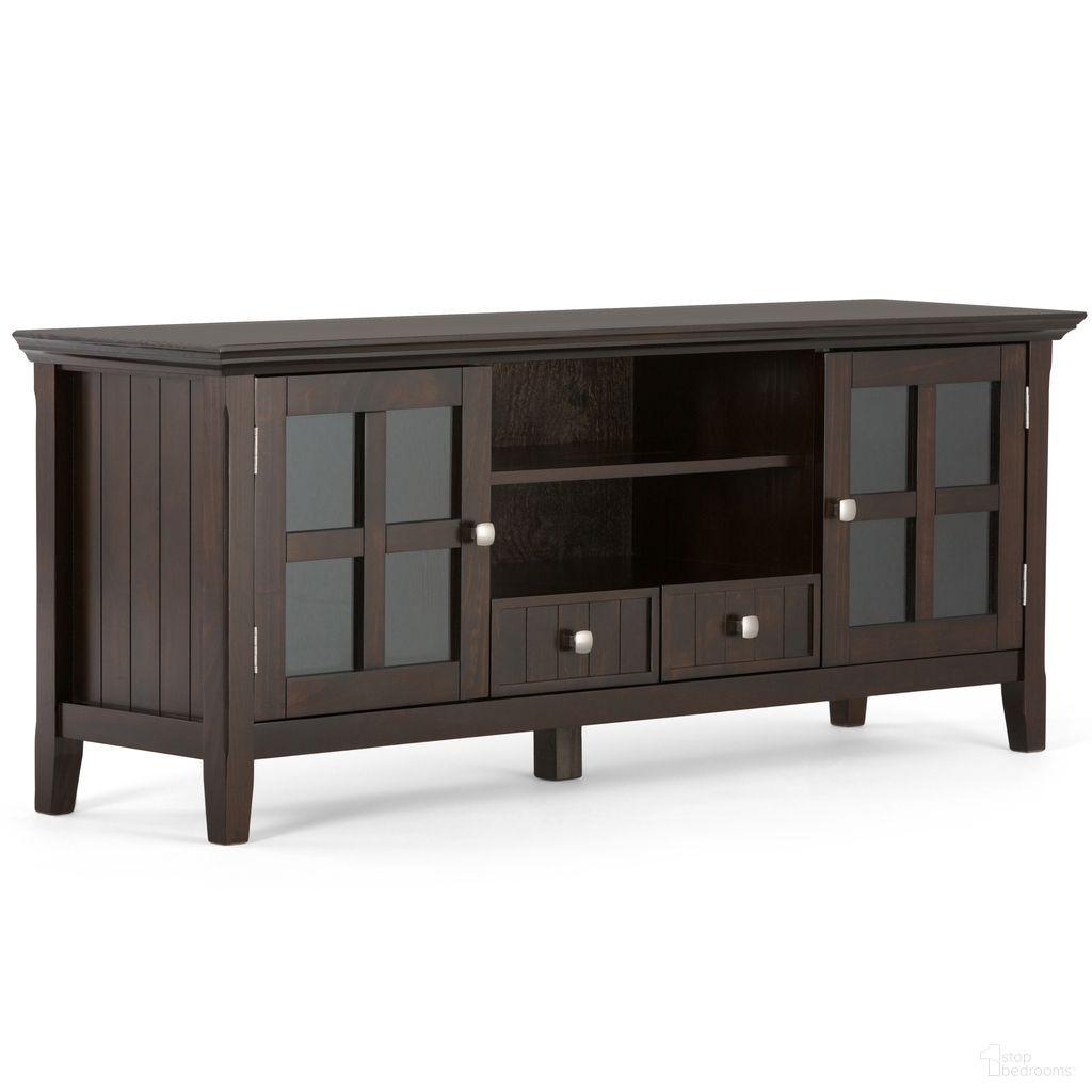 The appearance of Acadian Solid Wood 60 Inch TV Media Stand In Brunette Brown designed by Simpli Home in the transitional interior design. This brunette brown piece of furniture was selected by 1StopBedrooms from Acadian Collection to add a touch of cosiness and style into your home. Sku: AXCRACA60-BRU. Material: Pine.
