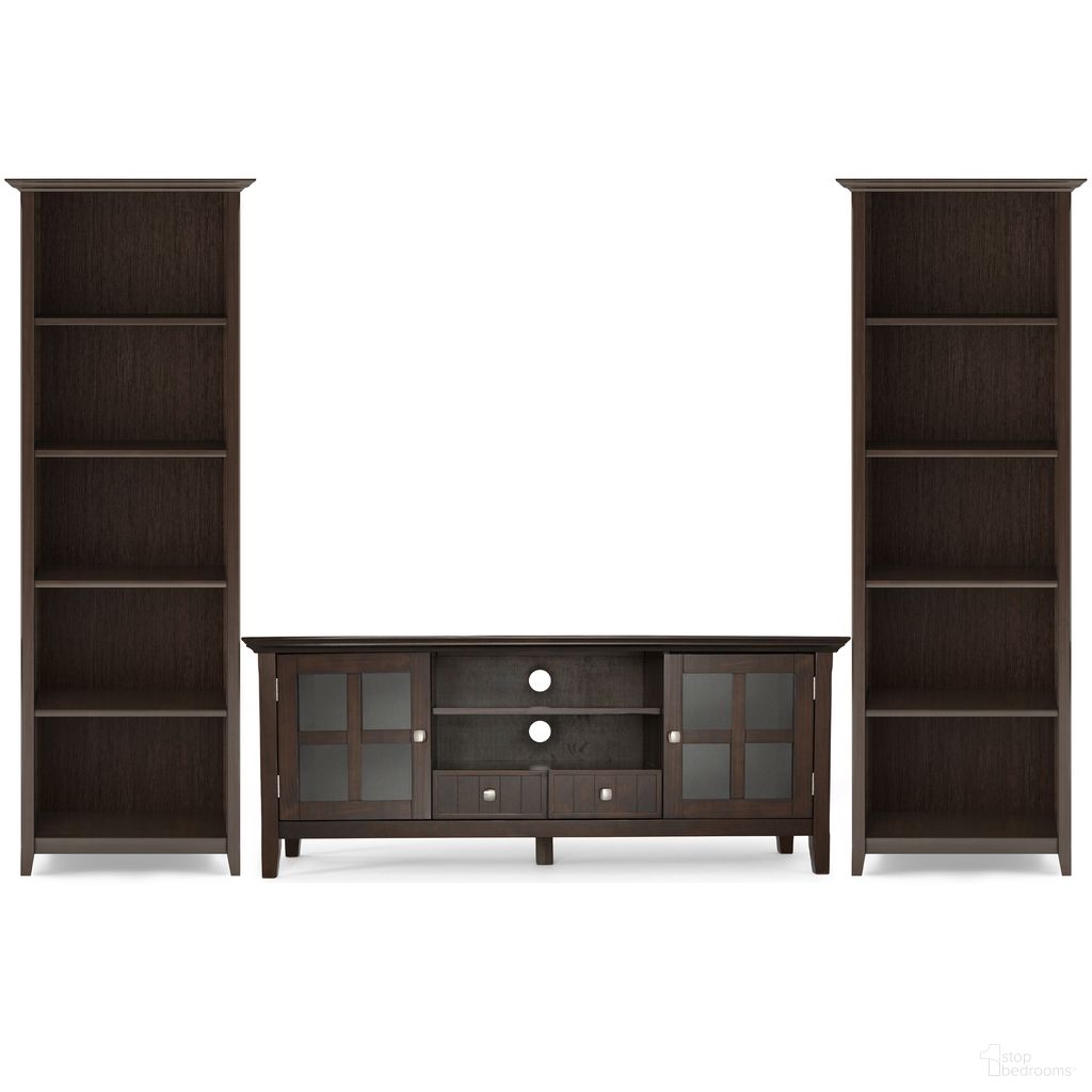 The appearance of Acadian Solid Wood 60 Inch TV Stand with 26 Inch 5 Shelf Bookcases Set of 3 In Brunette Brown designed by Simpli Home in the transitional interior design. This brunette brown piece of furniture  was selected by 1StopBedrooms from Acadian Collection to add a touch of cosiness and style into your home. Sku: ACMED001BRU. Material: Solid Pine.