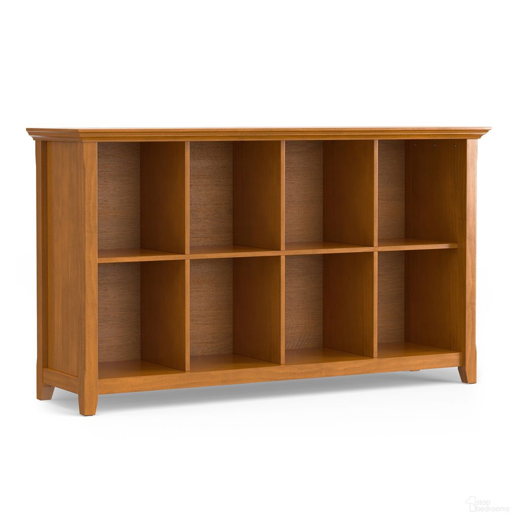 The appearance of Acadian Solid Wood 8 Cube Storage Sofa Table In Light Golden Brown designed by Simpli Home in the transitional interior design. This light golden brown piece of furniture  was selected by 1StopBedrooms from Acadian Collection to add a touch of cosiness and style into your home. Sku: AXCACA20-LGB. Material: Pine.