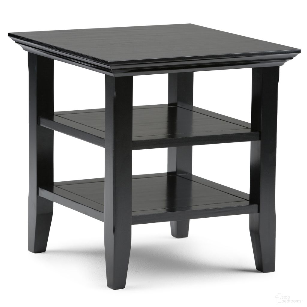 The appearance of Acadian Solid Wood End Table In Black designed by Simpli Home in the transitional interior design. This black piece of furniture  was selected by 1StopBedrooms from Acadian Collection to add a touch of cosiness and style into your home. Sku: AXWELL3-003-BL. Material: Pine.