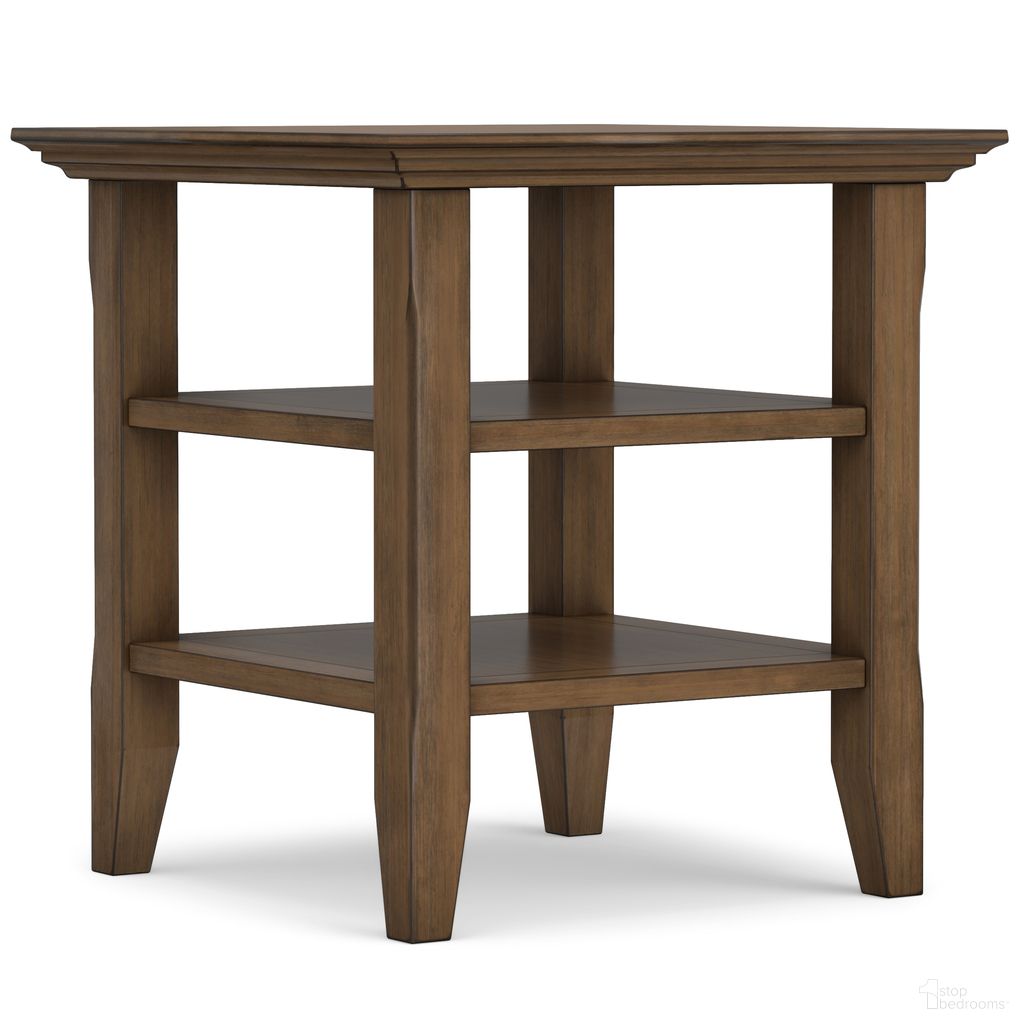 The appearance of Acadian Solid Wood End Table In Rustic Natural Aged Brown designed by Simpli Home in the transitional interior design. This rustic natural aged brown piece of furniture  was selected by 1StopBedrooms from Acadian Collection to add a touch of cosiness and style into your home. Sku: AXWELL3-003RNAB. Material: Pine.