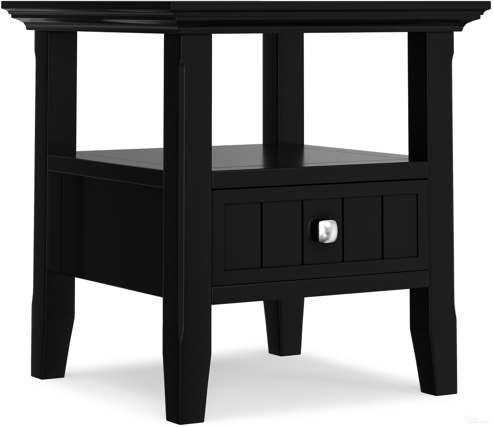 The appearance of Acadian Solid Wood End Table with Drawer In Black designed by Simpli Home in the transitional interior design. This black piece of furniture was selected by 1StopBedrooms from Acadian Collection to add a touch of cosiness and style into your home. Sku: AXCACA03D-BL. Material: Pine.