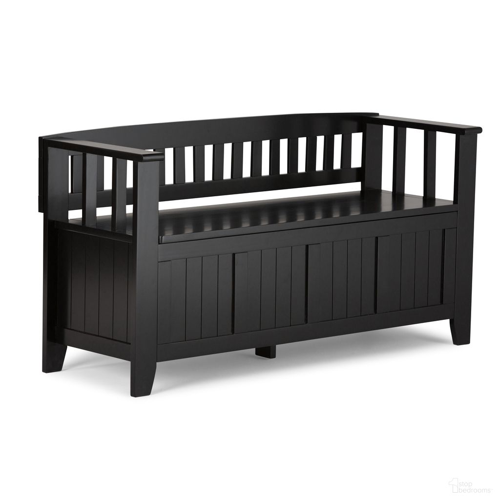 The appearance of Acadian Solid Wood Entryway Storage Bench In Black designed by Simpli Home in the transitional interior design. This black piece of furniture was selected by 1StopBedrooms from Acadian Collection to add a touch of cosiness and style into your home. Sku: AX2370-B. Material: Pine.
