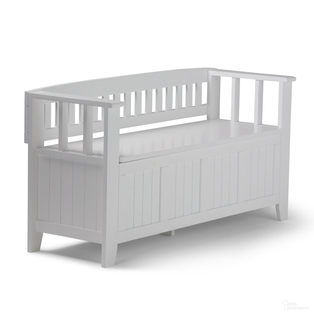 The appearance of Acadian Solid Wood Entryway Storage Bench In White designed by Simpli Home in the transitional interior design. This white piece of furniture was selected by 1StopBedrooms from Acadian Collection to add a touch of cosiness and style into your home. Sku: AX2370-W. Material: Pine.