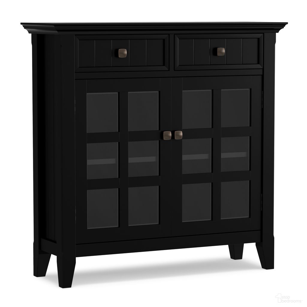 The appearance of Acadian Solid Wood Entryway Storage Cabinet In Black designed by Simpli Home in the transitional interior design. This black piece of furniture  was selected by 1StopBedrooms from Acadian Collection to add a touch of cosiness and style into your home. Sku: AXCACA47-BL. Material: Pine.