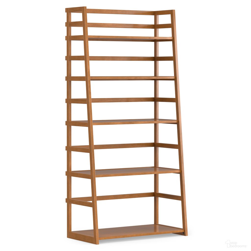 The appearance of Acadian Solid Wood Ladder Shelf Bookcase In Light Golden Brown designed by Simpli Home in the transitional interior design. This light golden brown piece of furniture  was selected by 1StopBedrooms from Acadian Collection to add a touch of cosiness and style into your home. Sku: AXCACA10-LGB. Material: Pine.