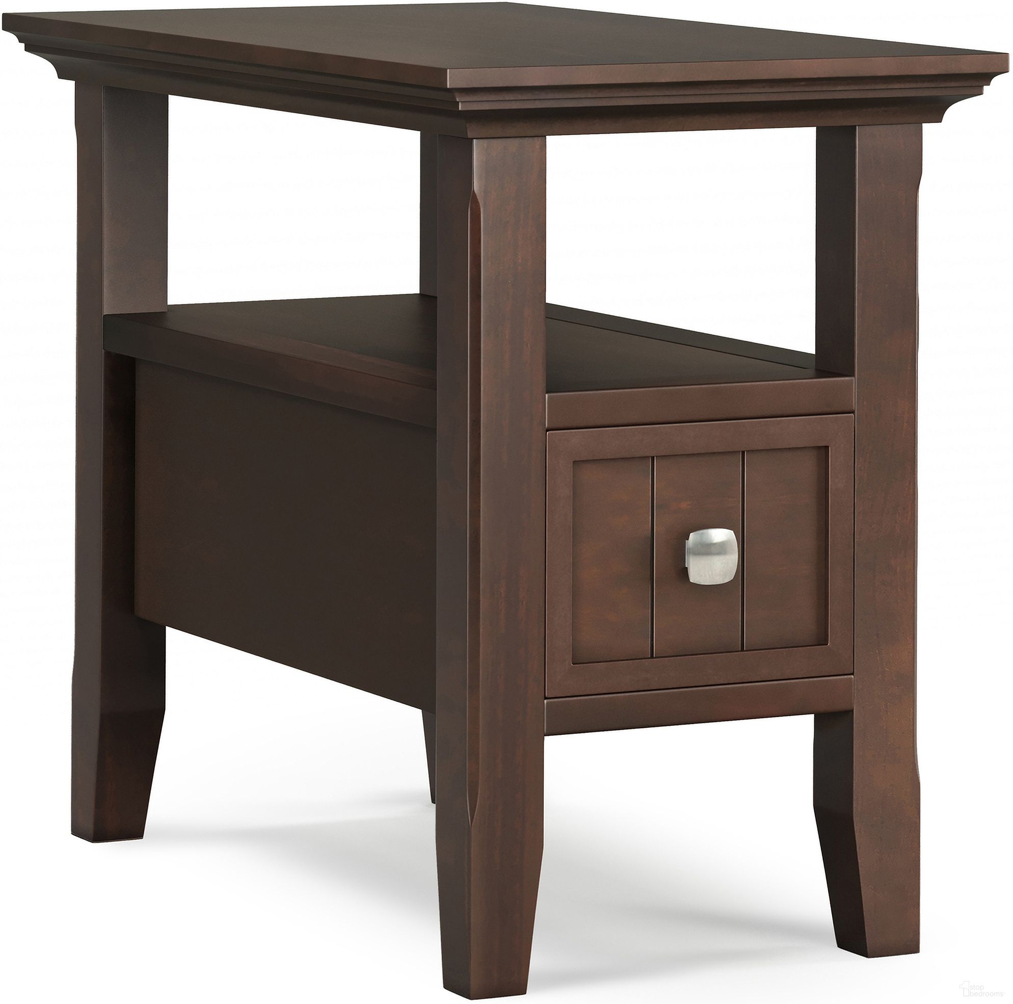 The appearance of Acadian Solid Wood Narrow Side Table with Drawer In Brunette Brown designed by Simpli Home in the transitional interior design. This brunette brown piece of furniture  was selected by 1StopBedrooms from Acadian Collection to add a touch of cosiness and style into your home. Sku: AXCACA05D-BRU. Material: Pine.