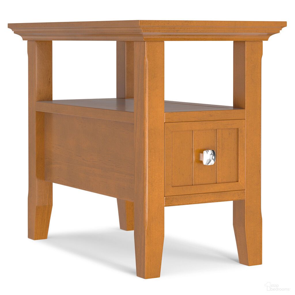 The appearance of Acadian Solid Wood Narrow Side Table with Drawer In Light Golden Brown designed by Simpli Home in the transitional interior design. This light golden brown piece of furniture  was selected by 1StopBedrooms from Acadian Collection to add a touch of cosiness and style into your home. Sku: AXCACA05D-LGB. Material: Pine.