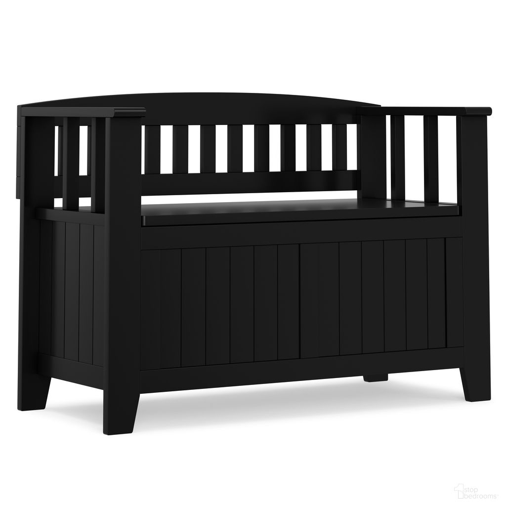 The appearance of Acadian Solid Wood Small Entryway Storage Bench In Black designed by Simpli Home in the transitional interior design. This black piece of furniture was selected by 1StopBedrooms from Acadian Collection to add a touch of cosiness and style into your home. Sku: AXCACA57-BL. Material: Pine.