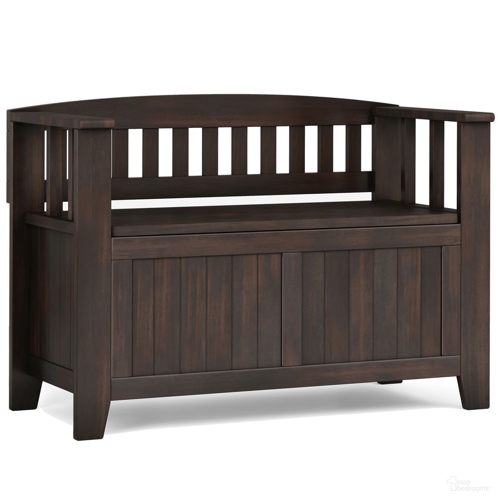 The appearance of Acadian Solid Wood Small Entryway Storage Bench In Brunette Brown designed by Simpli Home in the transitional interior design. This brunette brown piece of furniture  was selected by 1StopBedrooms from Acadian Collection to add a touch of cosiness and style into your home. Sku: AXCACA57-BRU. Material: Pine.