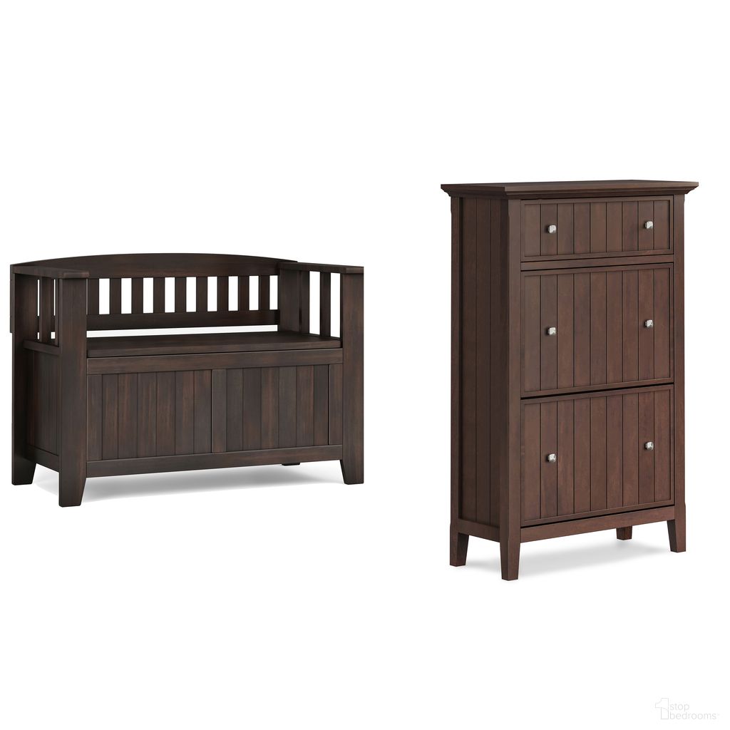 The appearance of Acadian Solid Wood Small Storage Bench and Shoe Cabinet In Brunette Brown designed by Simpli Home in the transitional interior design. This brunette brown piece of furniture was selected by 1StopBedrooms from Acadian Collection to add a touch of cosiness and style into your home. Sku: ACENT003BRU. Material: Pine.