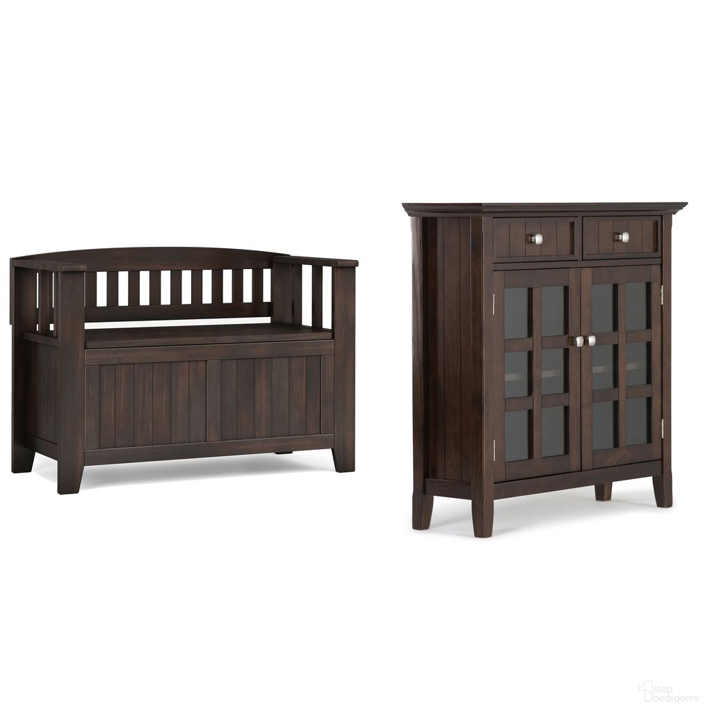 The appearance of Acadian Solid Wood Small Storage Bench and Storage Cabinet In Brunette Brown designed by Simpli Home in the transitional interior design. This brunette brown piece of furniture  was selected by 1StopBedrooms from Acadian Collection to add a touch of cosiness and style into your home. Sku: ACENT002BRU. Material: Pine.