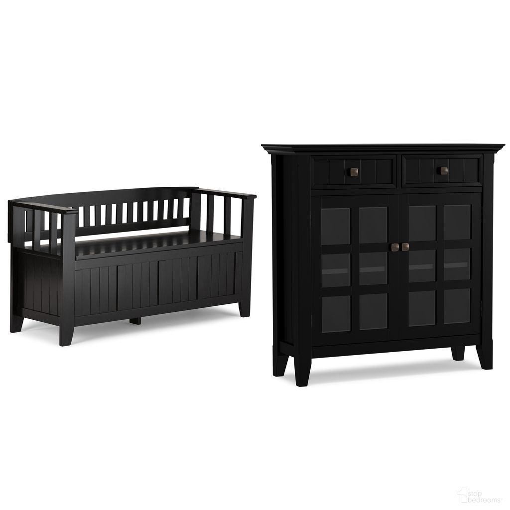 The appearance of Acadian Solid Wood Storage Bench and Storage Cabinet In Black designed by Simpli Home in the transitional interior design. This black piece of furniture  was selected by 1StopBedrooms from Acadian Collection to add a touch of cosiness and style into your home. Sku: ACENT001BL. Material: Pine.