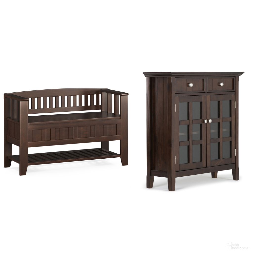 Acadian Solid Wood Storage Bench with Shelf and Storage Cabinet In Brunette Brown