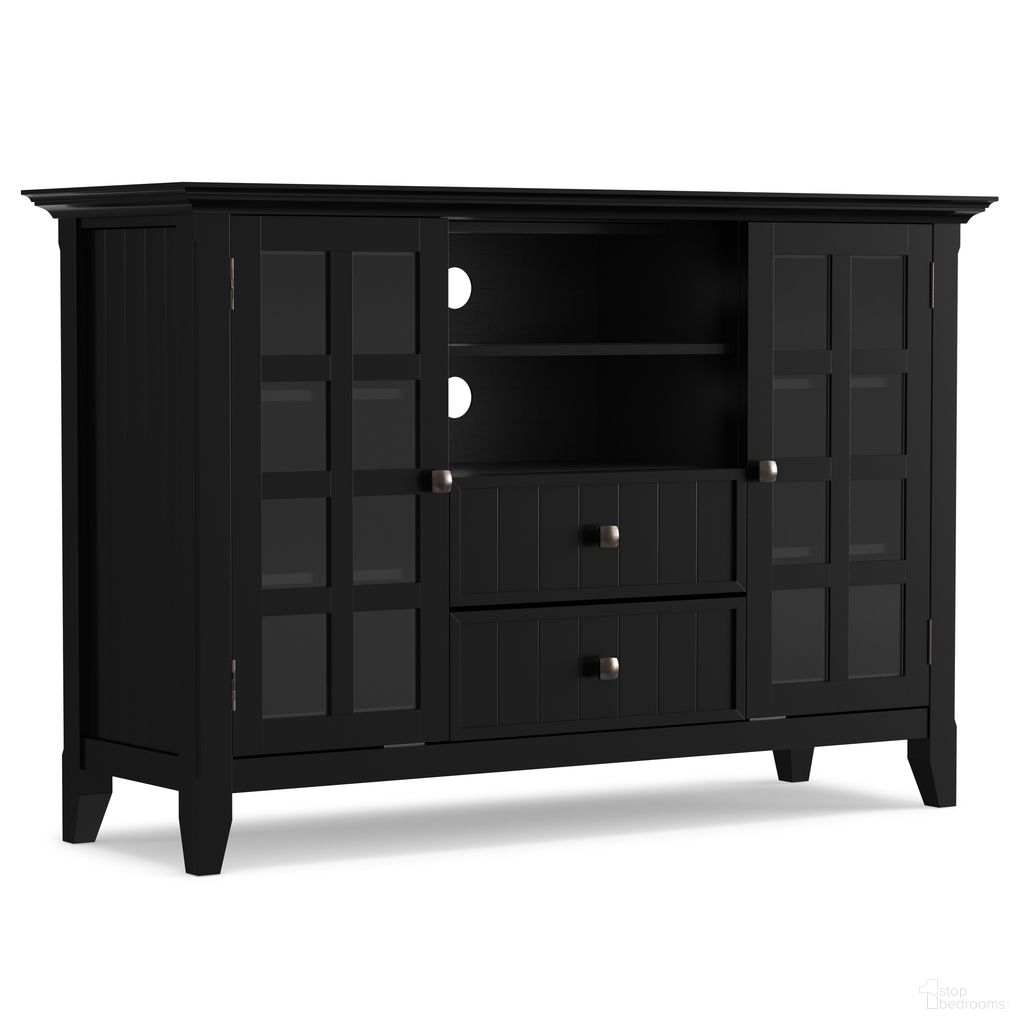 The appearance of Acadian Solid Wood Tall TV Media Stand In Black designed by Simpli Home in the transitional interior design. This black piece of furniture  was selected by 1StopBedrooms from Acadian Collection to add a touch of cosiness and style into your home. Sku: AXCACTTS-BL. Material: Pine.