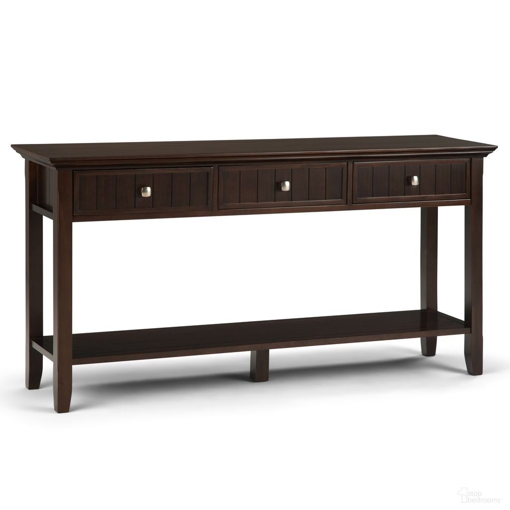The appearance of Acadian Solid Wood Wide Console Sofa Table In Brunette Brown designed by Simpli Home in the transitional interior design. This brunette brown piece of furniture was selected by 1StopBedrooms from Acadian Collection to add a touch of cosiness and style into your home. Sku: AXCRACA07-BRU. Material: Pine.