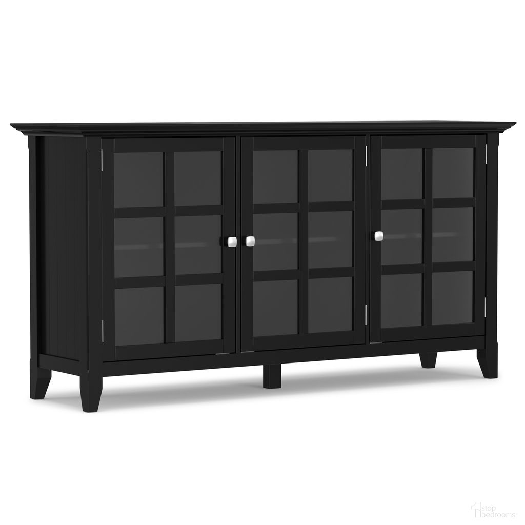 The appearance of Acadian Solid Wood Wide Storage Cabinet In Black designed by Simpli Home in the transitional interior design. This black piece of furniture  was selected by 1StopBedrooms from Acadian Collection to add a touch of cosiness and style into your home. Sku: AXCACA39-BL. Material: Pine.
