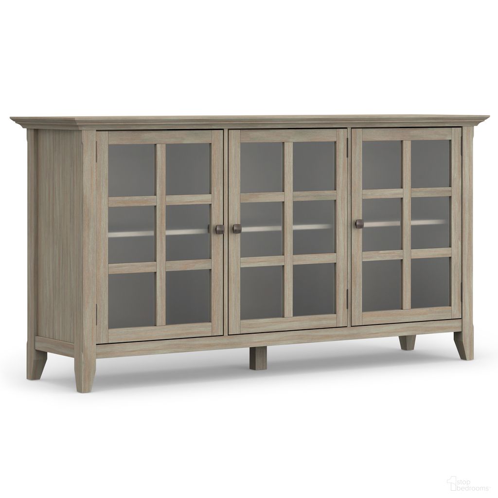 The appearance of Acadian Solid Wood Wide Storage Cabinet In Distressed Grey designed by Simpli Home in the transitional interior design. This distressed grey piece of furniture  was selected by 1StopBedrooms from Acadian Collection to add a touch of cosiness and style into your home. Sku: AXCACA39-GR. Material: Pine.