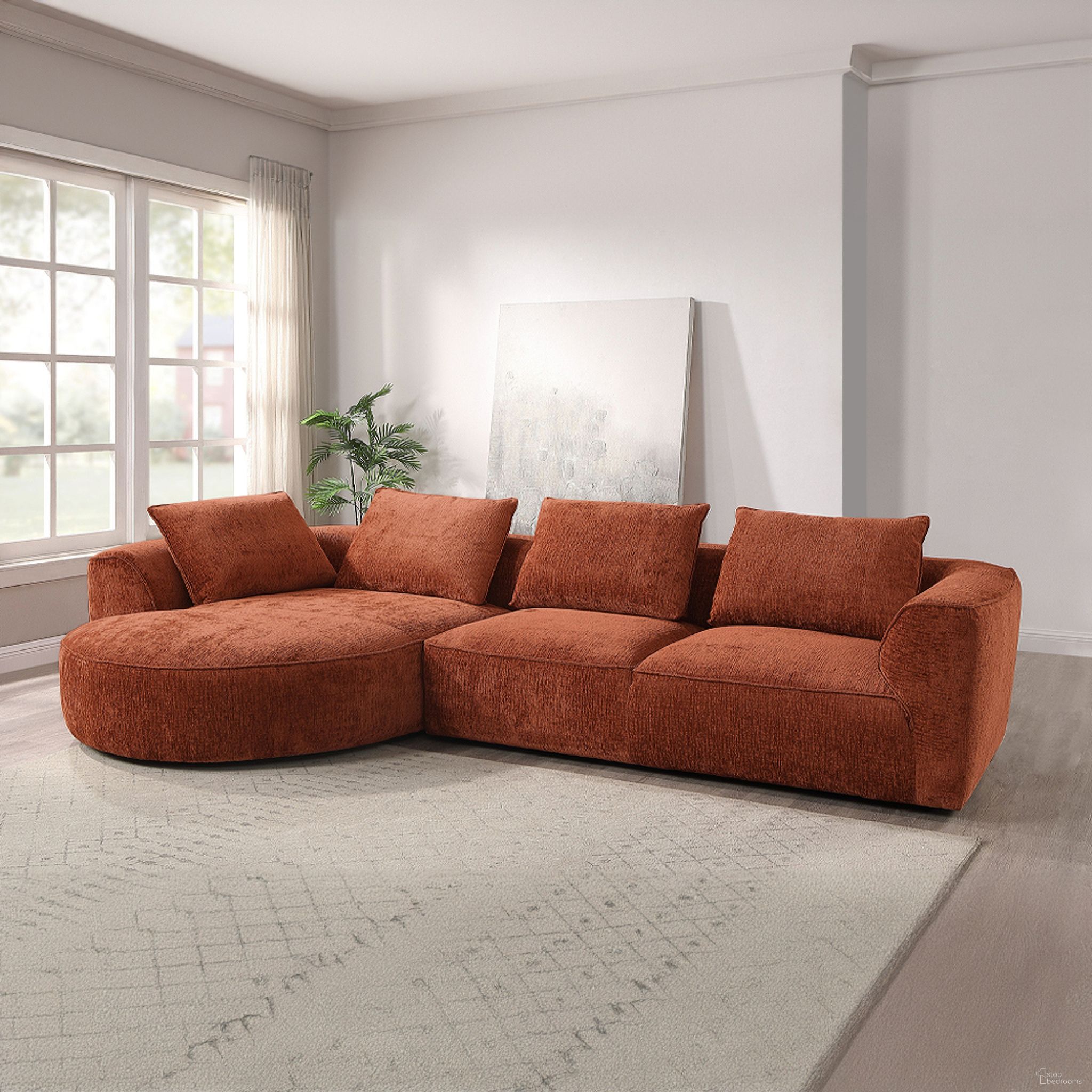 The appearance of Aceso Sectional Sofa with 4 Pillows In Rust Brown designed by ACME in the modern / contemporary interior design. This rust brown piece of furniture was selected by 1StopBedrooms from Aceso Collection to add a touch of cosiness and style into your home. Sku: LV03240-1;LV03240-2. Material: Chenille.