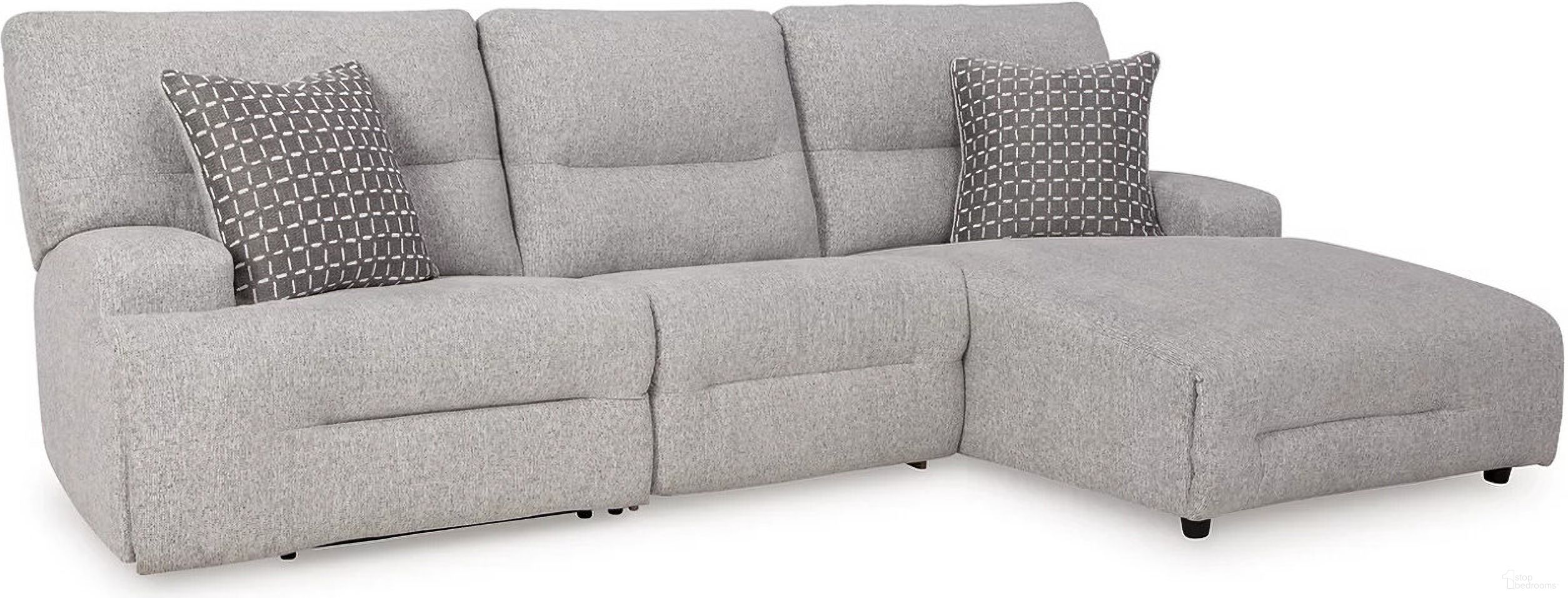 The appearance of Acklen Place 3-Piece Power Reclining Sectional with RAF Chaise In Pewter designed by Signature Design by Ashley in the modern / contemporary interior design. This pewter piece of furniture was selected by 1StopBedrooms from Acklen Place Collection to add a touch of cosiness and style into your home. Sku: 9360558;9360546;9360597. Material: Fabric. Layout: L-Shape. Orientation: RAF.