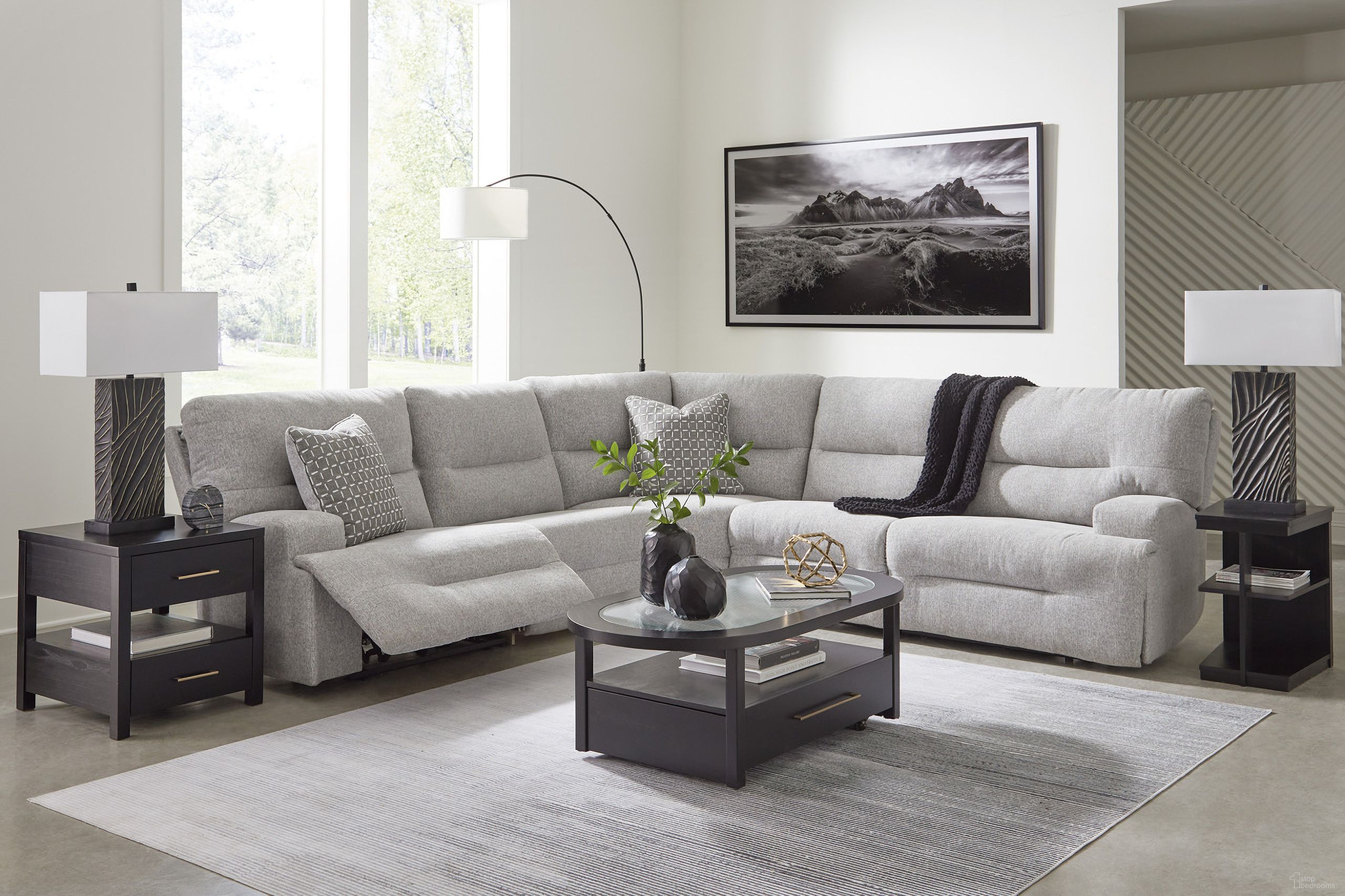 The appearance of Acklen Place 5-Piece Power Reclining Sectional In Pewter designed by Signature Design by Ashley in the modern / contemporary interior design. This pewter piece of furniture was selected by 1StopBedrooms from Acklen Place Collection to add a touch of cosiness and style into your home. Sku: 9360558;9360531;9360546;9360577;9360562. Material: Polyester. Layout: L-Shape.