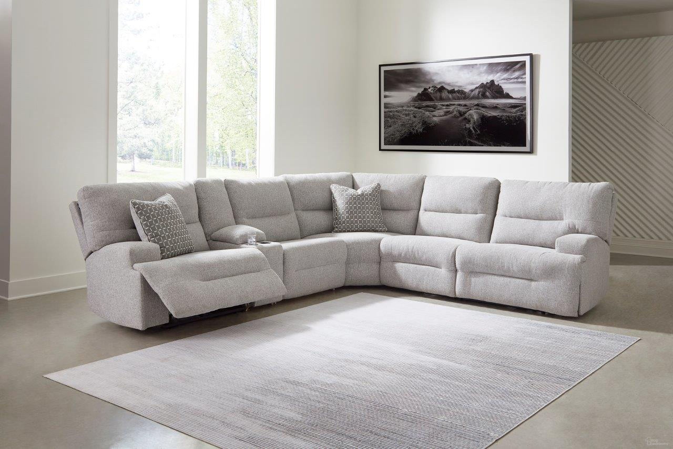 The appearance of Acklen Place 6-Piece Power Reclining Sectional In Pewter designed by Signature Design by Ashley in the modern / contemporary interior design. This pewter piece of furniture  was selected by 1StopBedrooms from Acklen Place Collection to add a touch of cosiness and style into your home. Sku: 9360531;9360546;9360557;9360558;9360562;9360577. Material: Polyester. Layout: L-Shape.