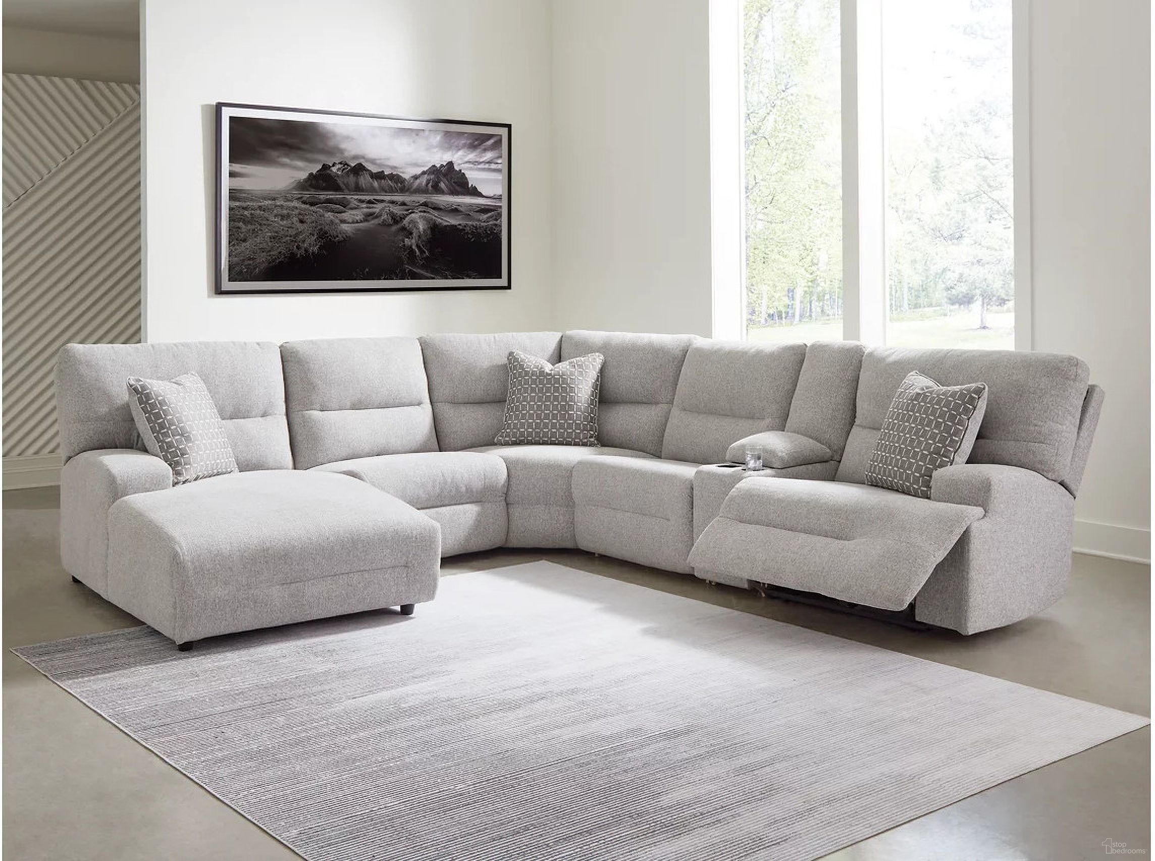 The appearance of Acklen Place 6-Piece Power Reclining Sectional with LAF Chaise In Pewter designed by Signature Design by Ashley in the modern / contemporary interior design. This pewter piece of furniture was selected by 1StopBedrooms from Acklen Place Collection to add a touch of cosiness and style into your home. Sku: 9360579;9360531;9360546;9360557;9360577;9360562. Material: Polyester. Layout: U-Shape. Orientation: LAF.
