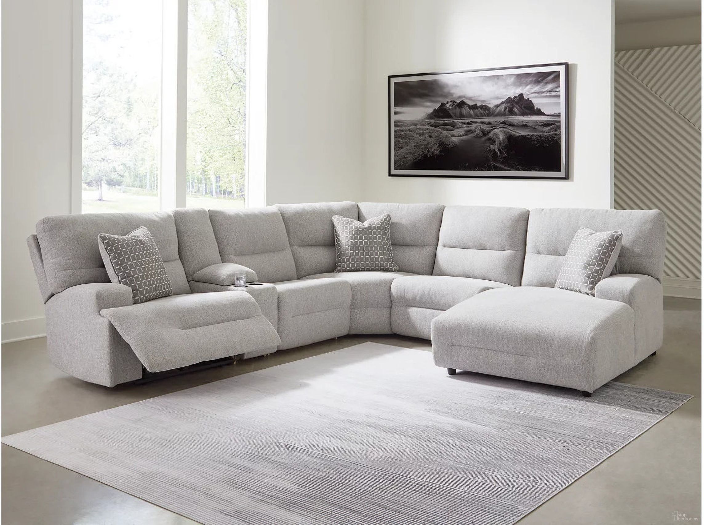 The appearance of Acklen Place 6-Piece Power Reclining Sectional with RAF Chaise In Pewter designed by Signature Design by Ashley in the modern / contemporary interior design. This pewter piece of furniture  was selected by 1StopBedrooms from Acklen Place Collection to add a touch of cosiness and style into your home. Sku: 9360558;9360531;9360546;9360557;9360577;9360597. Material: Polyester. Layout: U-Shape. Orientation: RAF.