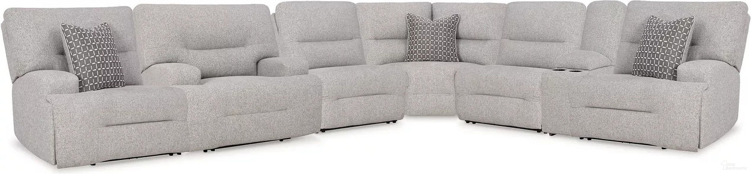 The appearance of Acklen Place 7-Piece Power Reclining Sectional In Pewter designed by Signature Design by Ashley in the modern / contemporary interior design. This pewter piece of furniture was selected by 1StopBedrooms from Acklen Place Collection to add a touch of cosiness and style into your home. Sku: 9360558;9360531;9360531;9360577;9360557;9360582;9360562. Material: Fabric. Layout: L-Shape.