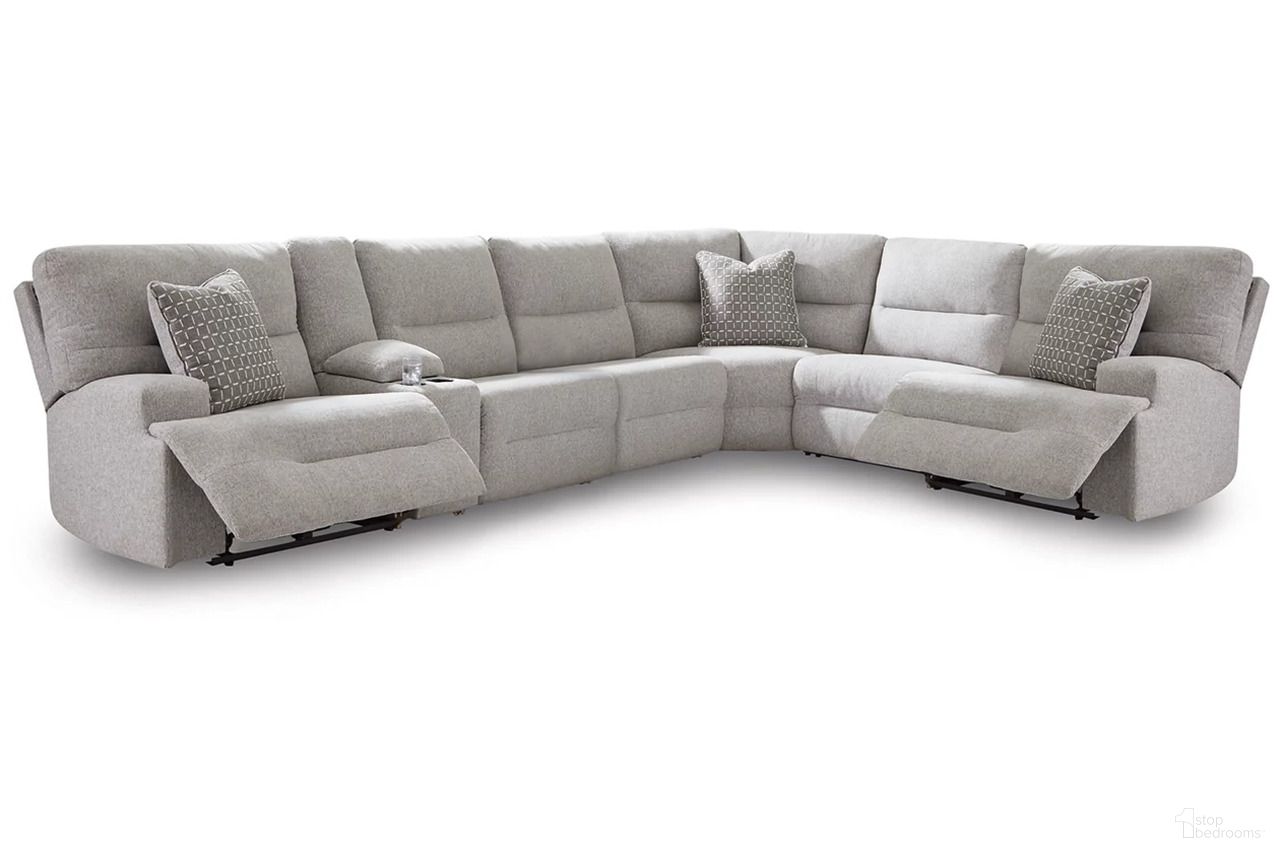 The appearance of Acklen Place 7-Piece Power Sectional Reclining Sofa with Storage Console In Pewter designed by Signature Design by Ashley in the modern / contemporary interior design. This pewter piece of furniture was selected by 1StopBedrooms from Acklen Place Collection to add a touch of cosiness and style into your home. Sku: 9360531;9360546;9360546;9360557;9360558;9360562;9360577. Material: Performance Fabric. Layout: L-Shape.