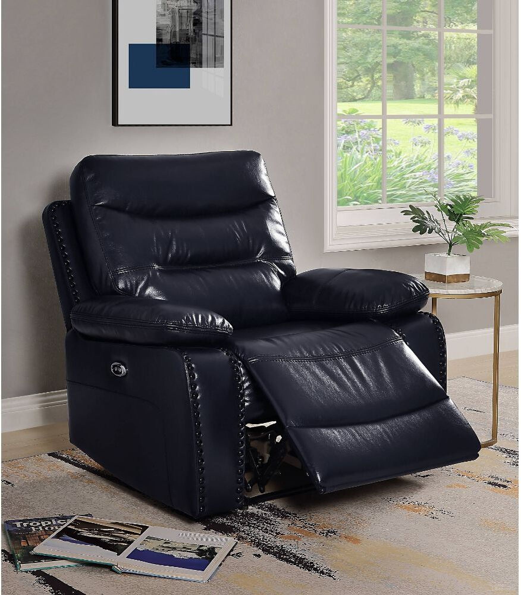 The appearance of Acme Aashi Power Motion Recliner In Navy Leather designed by ACME in the modern / contemporary interior design. This navy piece of furniture was selected by 1StopBedrooms from Aashi Collection to add a touch of cosiness and style into your home. Sku: 55373. Material: Wood.