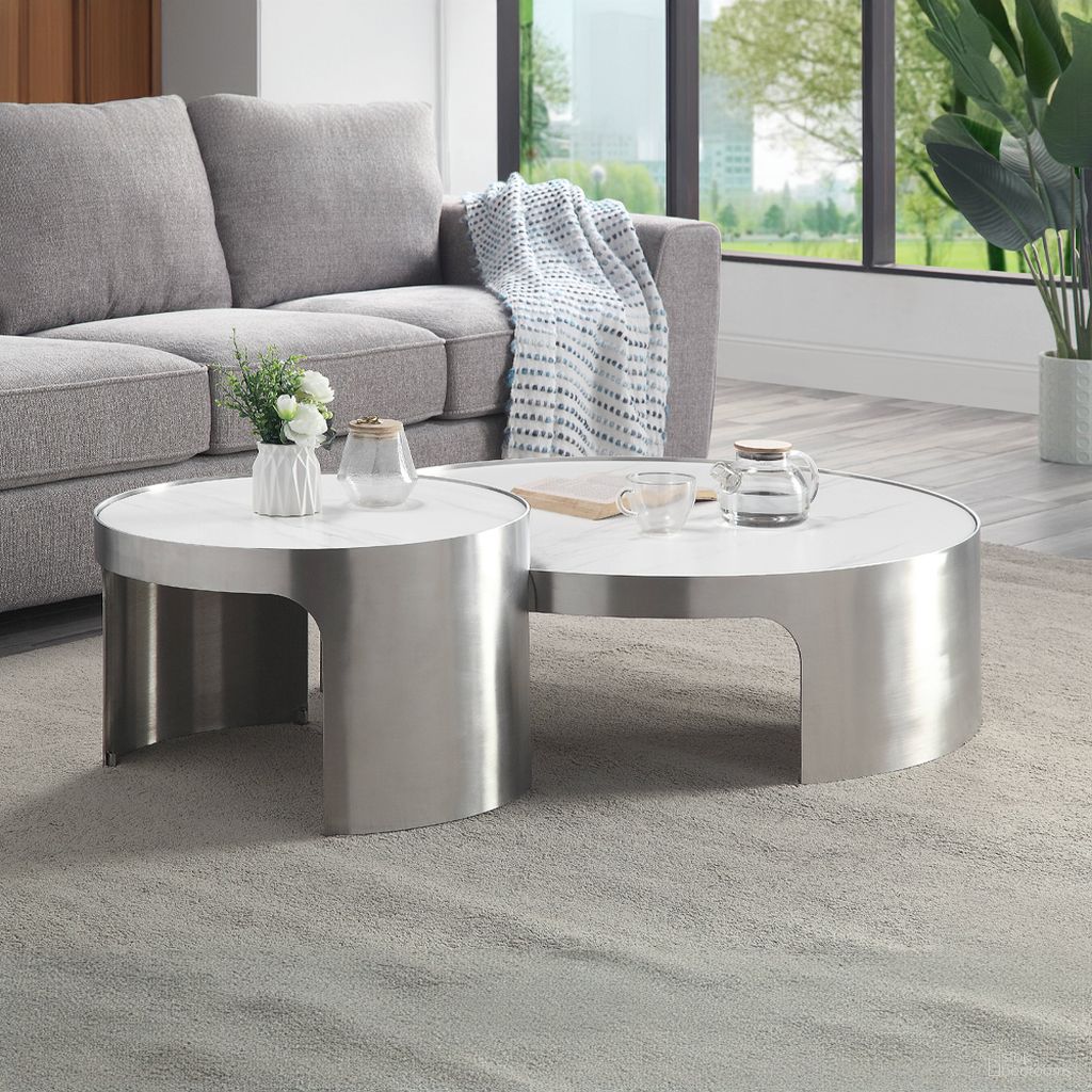 The appearance of Acme Abilene Coffee Table designed by ACME in the modern / contemporary interior design. This silver piece of furniture was selected by 1StopBedrooms from Abilene Collection to add a touch of cosiness and style into your home. Sku: LV00223-1;LV00223-2;LV00223-3;LV00223-4. Material: Stainless Steel.