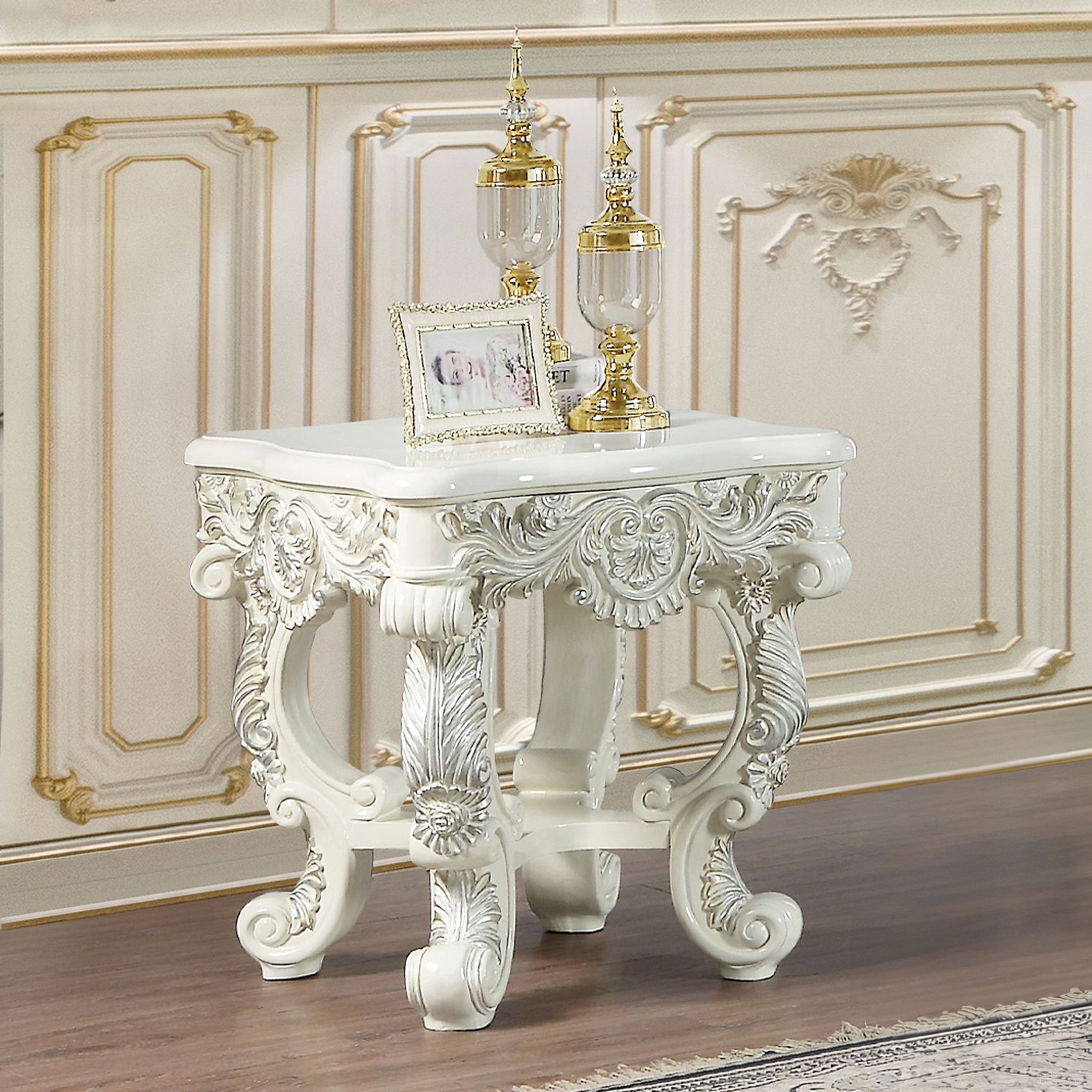 The appearance of Acme Adara End Table designed by ACME in the transitional interior design. This antique white piece of furniture was selected by 1StopBedrooms from Adara Collection to add a touch of cosiness and style into your home. Sku: LV01218. Material: Wood.
