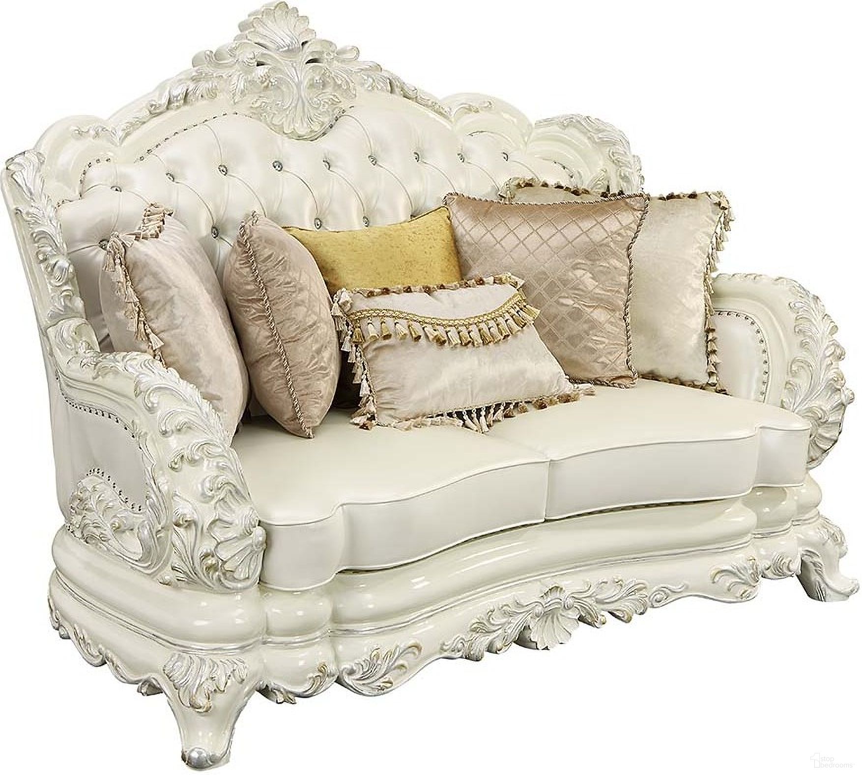 The appearance of Acme Adara Loveseat With 5 Pillows designed by ACME in the transitional interior design. This pearl white piece of furniture  was selected by 1StopBedrooms from Adara Collection to add a touch of cosiness and style into your home. Sku: LV01225-1;LV01225-2. Material: Wood.