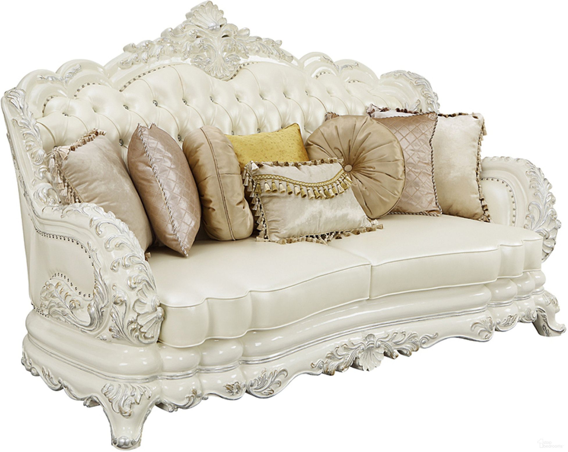 The appearance of Acme Adara Sofa With 7 Pillows designed by ACME in the transitional interior design. This pearl white piece of furniture  was selected by 1StopBedrooms from Adara Collection to add a touch of cosiness and style into your home. Sku: LV01224-1;LV01224-2. Material: Wood.