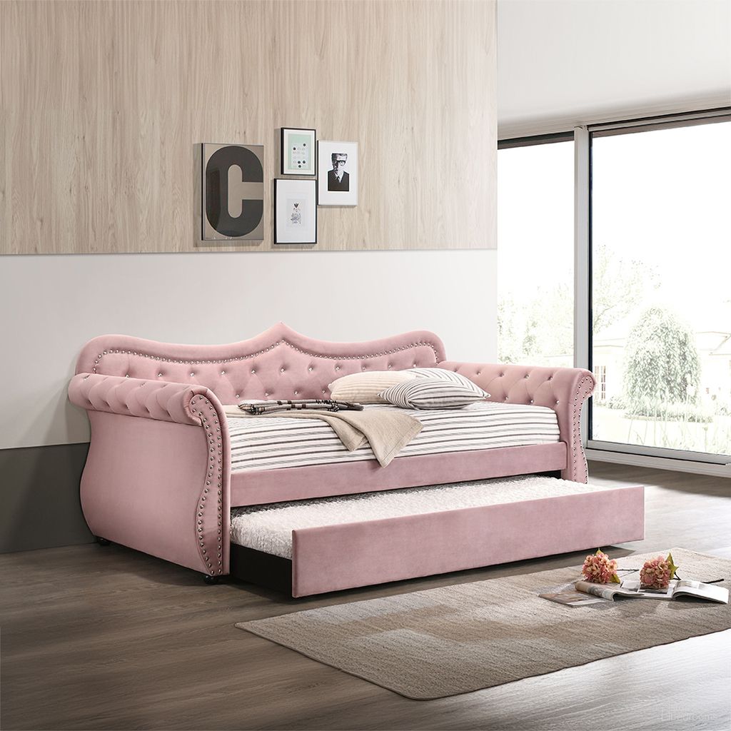 The appearance of Acme Adkins Daybed And Trundle In Pink Velvet designed by ACME in the transitional interior design. This pink velvet piece of furniture was selected by 1StopBedrooms from Adkins Collection to add a touch of cosiness and style into your home. Sku: 39420HF;39421RL. Bed Type: Daybed. Material: Wood.