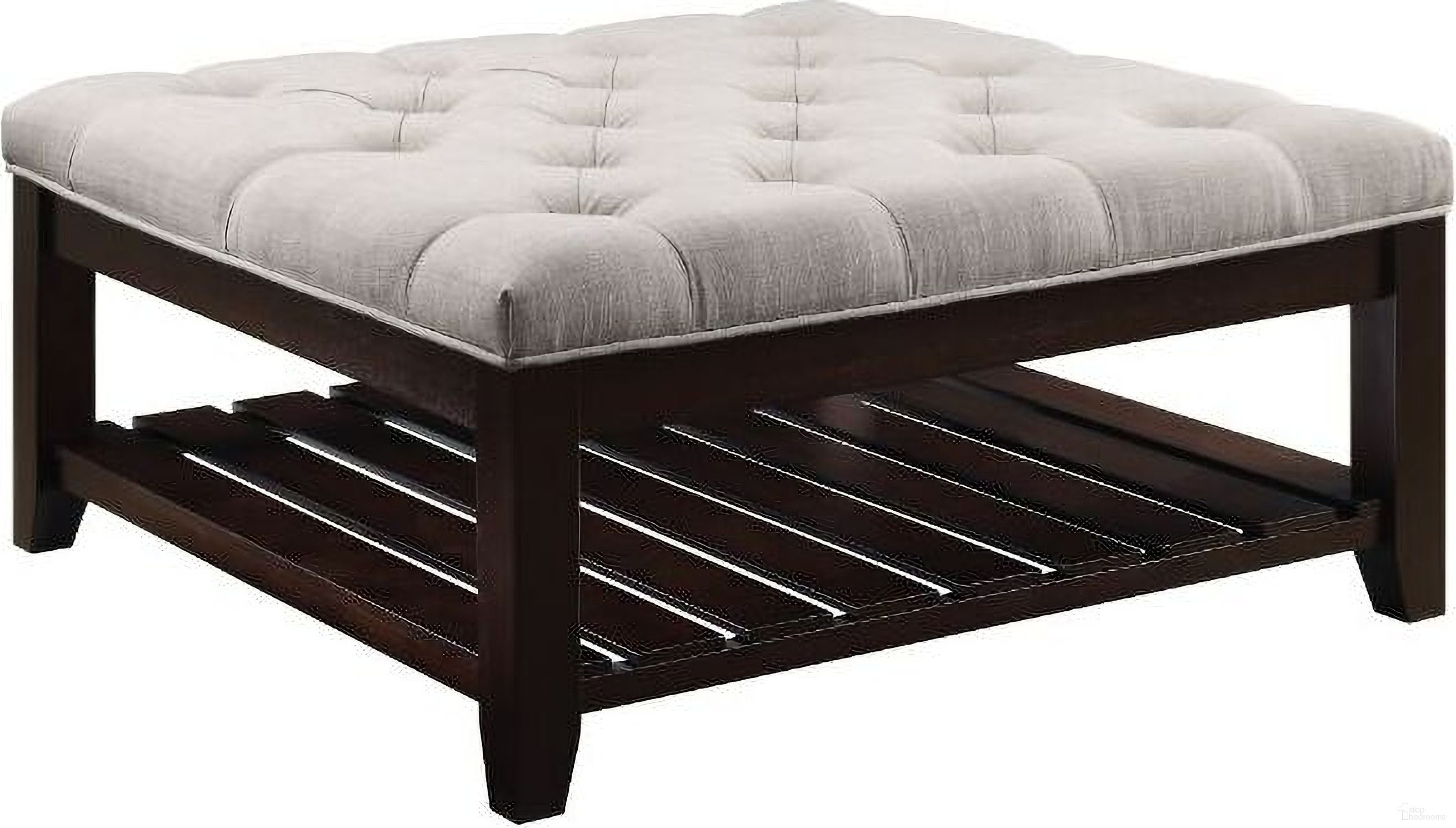 The appearance of Acme Aizen Cocktail Ottoman In Beige Fabric And Espresso Finish designed by ACME in the transitional interior design. This beige piece of furniture was selected by 1StopBedrooms from Aizen Collection to add a touch of cosiness and style into your home. Sku: 96562T;96563ST. Material: Wood.