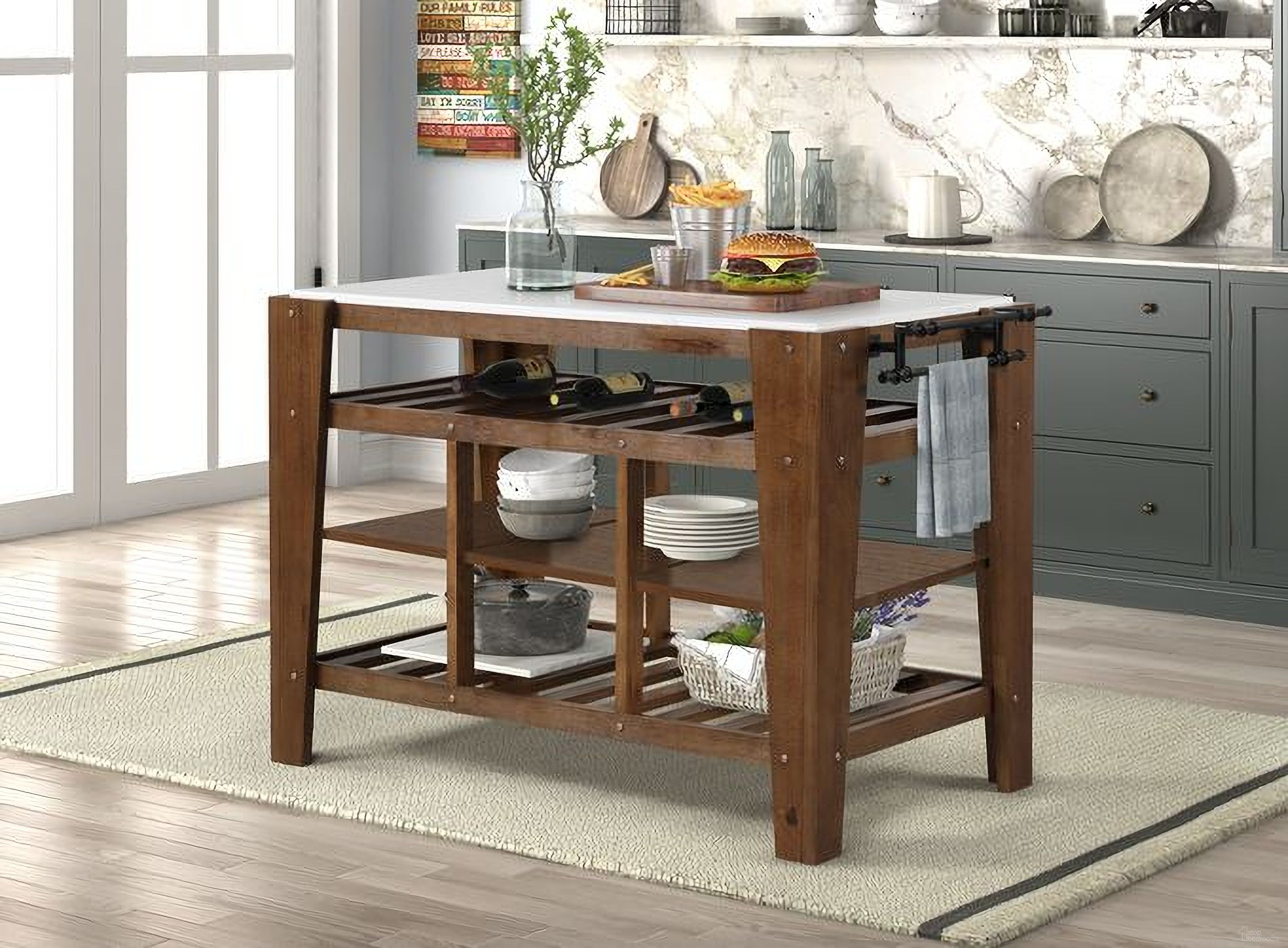Acme Alaroa Kitchen Island With Marble Top And Rustic Brown Finish